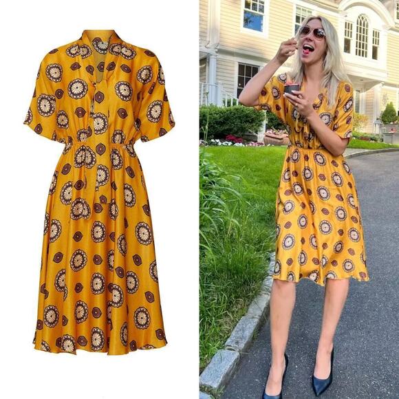 Nissa Marigold Print Dress Silk Blend Satin Tie Neck Midi Yellow Brown Size 14 - Picture 1 of 11